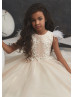 Feather Sleeves Beaded Lace Sparkle Tulle Flower Girl Dress